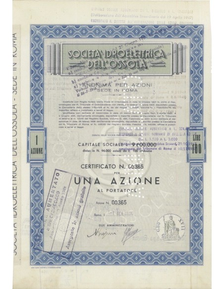 SOCIETA' IDROELETTRICA DELL'OSSOLA - UNA AZIONE ROMA 1939