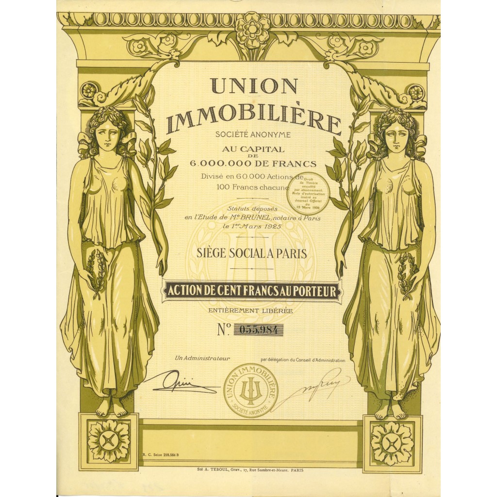 1925 - UNION IMMOBILIERE - ACTION DE 100 FRANCS...