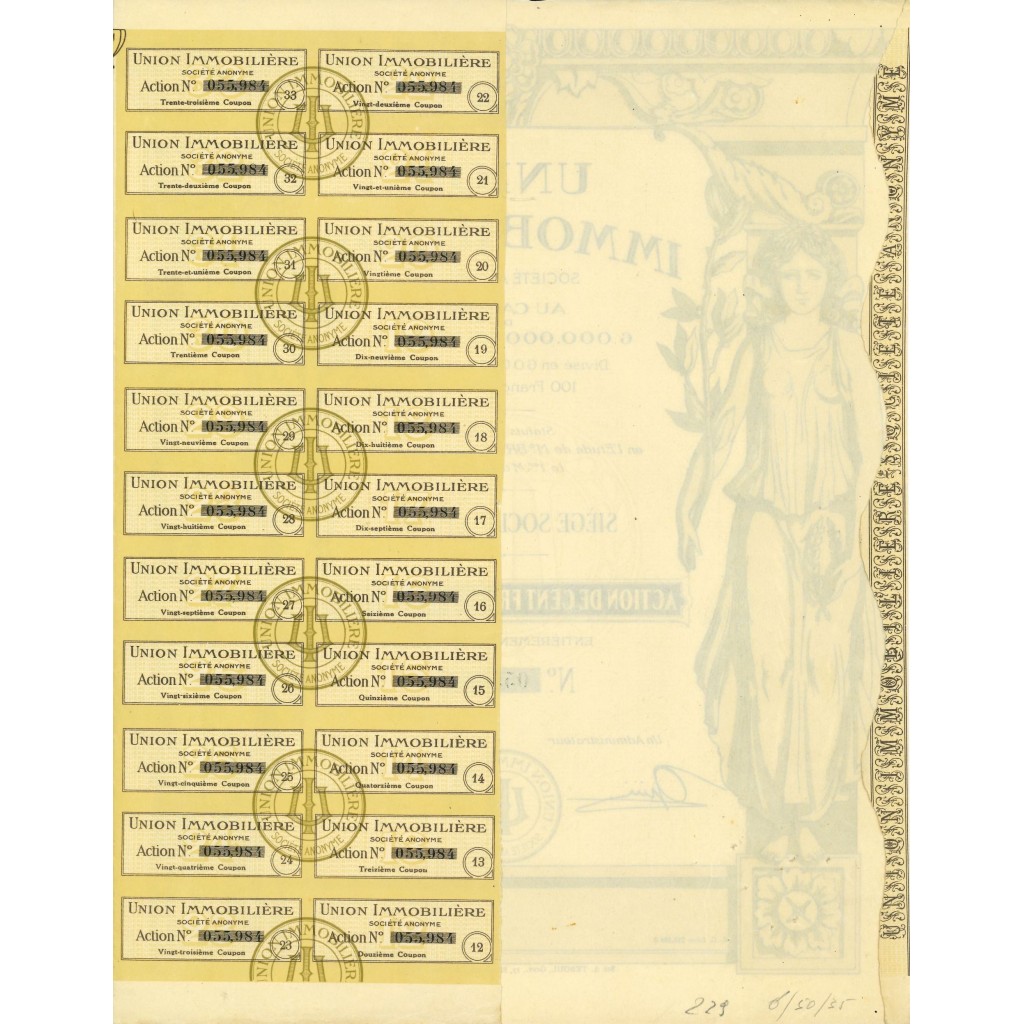 1925 - UNION IMMOBILIERE - ACTION DE 100 FRANCS...