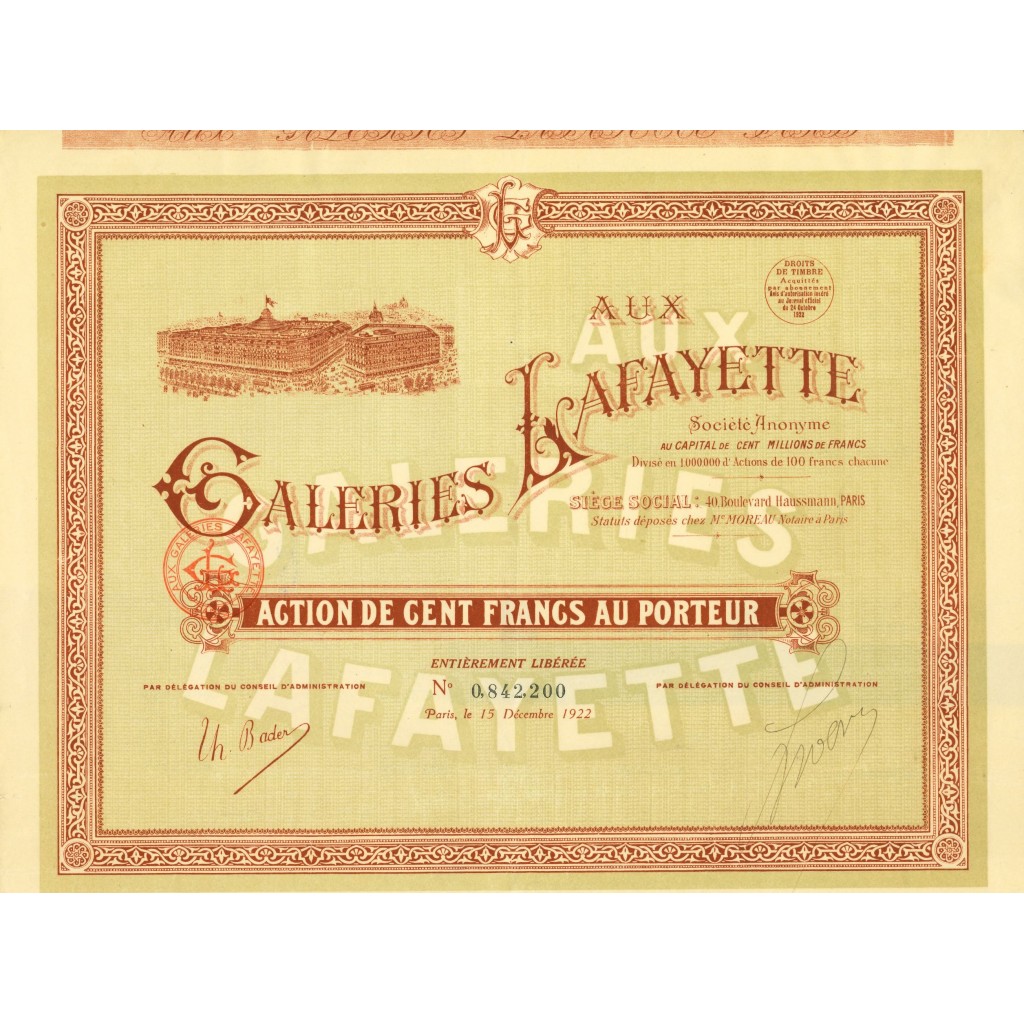 1922 - GALERIES LAFAYETTE - ACTION DE 100...