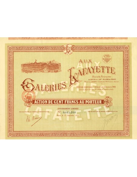 1922 - GALERIES LAFAYETTE - ACTION DE 100 FRANCS AU PORTEUR