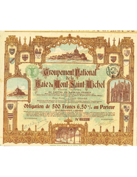 1928 - GROUPEMENT NATIONAL DE LA BAIE DU MONT-SAINT-MICHEL - Obligation de 500 francs 6,5% au Porteur
