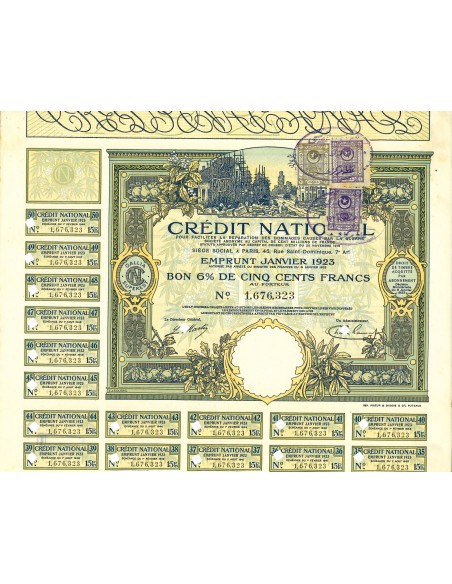 1923 - CREDIT NACIONAL EMPRUNT - OBLIGATION DE 500 FRANCS 6%