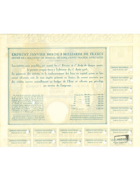 1923 - CREDIT NACIONAL EMPRUNT - OBLIGATION DE 500 FRANCS 6%