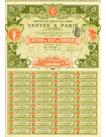 1900 - COMPAGNIE DES TRAMWAYS ELETRIQUES DE VANVES A PARIS - ACTION DE 100 FRANCS AU PORTEUR