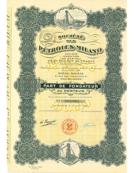 1920 - SOCIETE DES PETROLES MILANO - PART DE FONDATEUR
