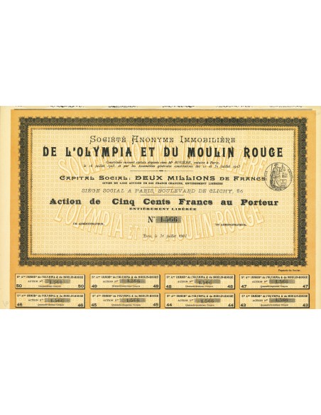 1903 - SOCIETE ANONYME IMMOBILIERE DE L'OLYMPIA ET DU MOULIN ROUGE - ACTION DE 500 FRANCS