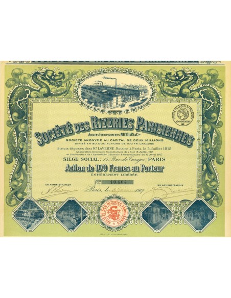 1917 - SOCIETE DES RIZERIES PARISIENNES - ACTION DE 100 FRANCS AU PORTEUR