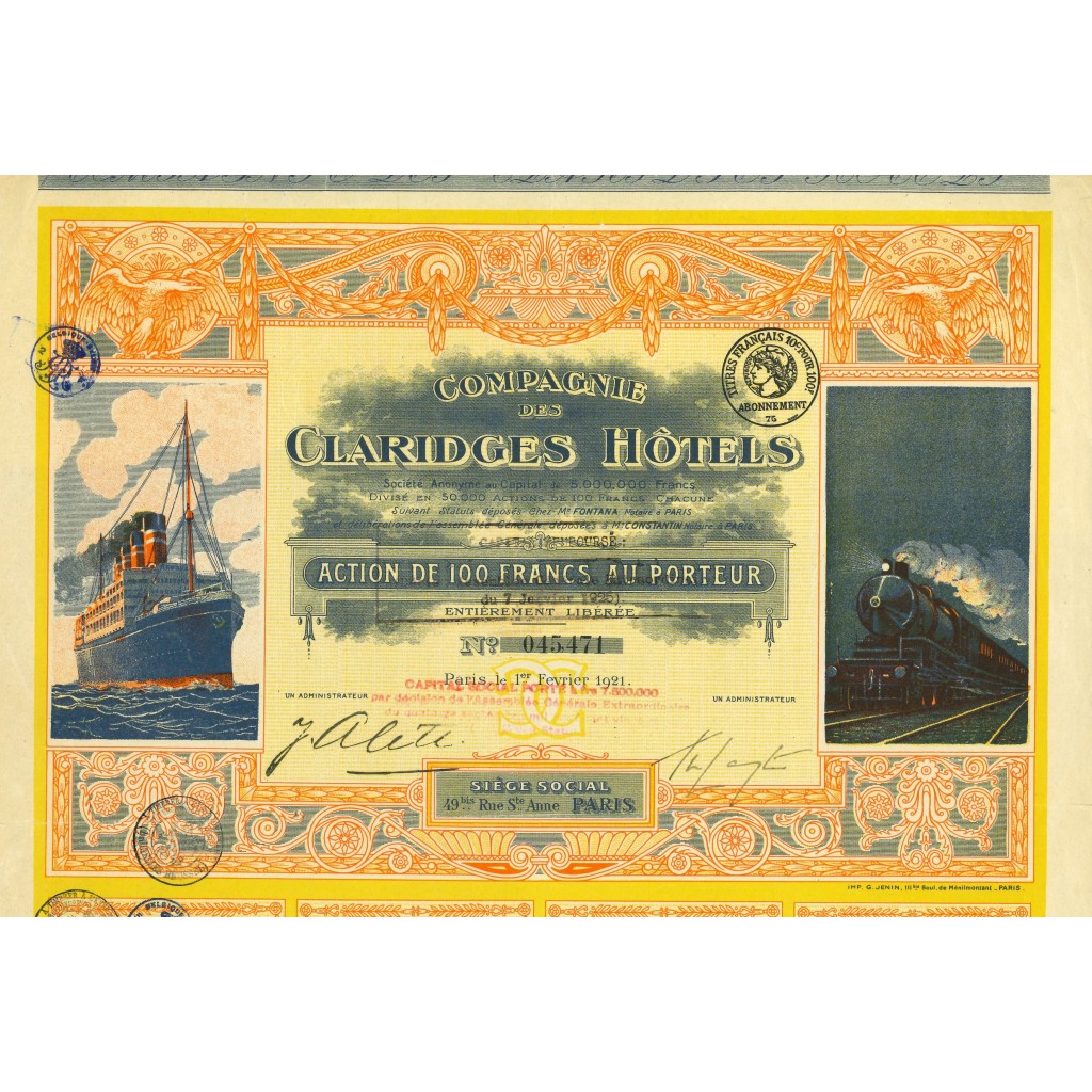 1921 - COMPAGNIE DES CLARIDGES HOTELS - ACTION...