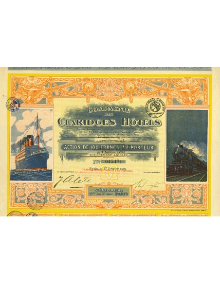 1921 - COMPAGNIE DES CLARIDGES HOTELS - ACTION DE 100 FRANCS AU PORTEUR