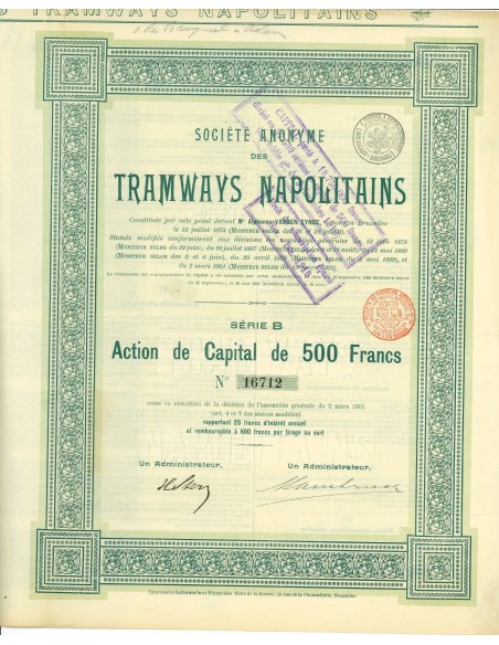 1901 - SOCIETE ANONYME DES TRAMWAYS NAPOLITANS - 1 AZIONE DI 500 FRANCHI