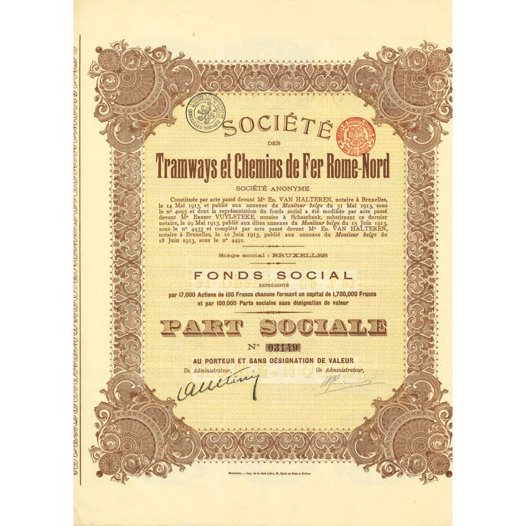 TRAMWAYS ET CHEMIN DE FER ROME-NORD 1 SHARE...