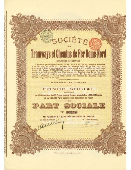 TRAMWAYS ET CHEMIN DE FER ROME-NORD 1 SHARE BRUXELLES 1913