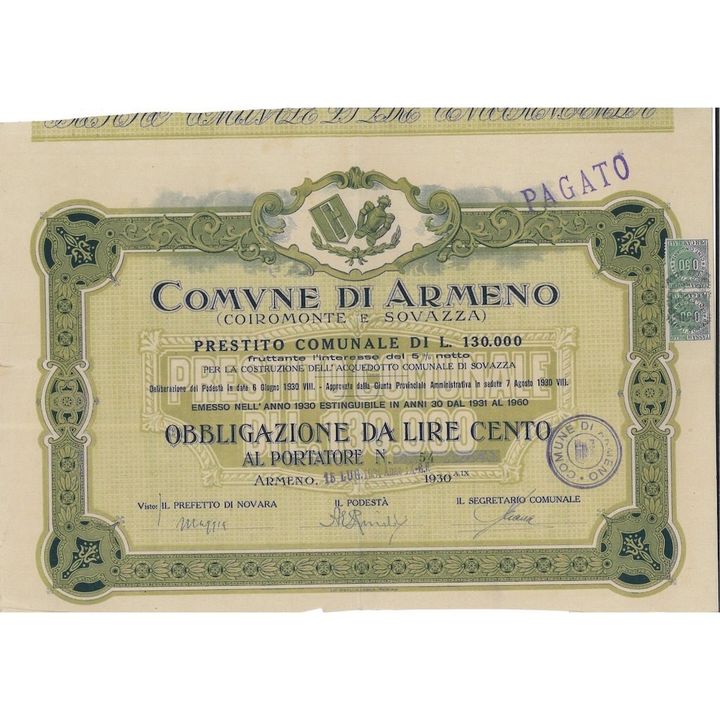 COMUNE DI ARMENO - UNA OBBLIGAZIONE 1931