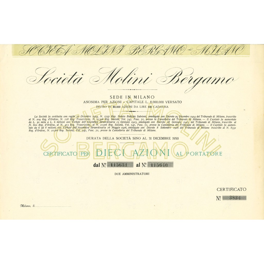 1950 - SOCIETA' MOLINI BERGAMO - 10 AZIONI