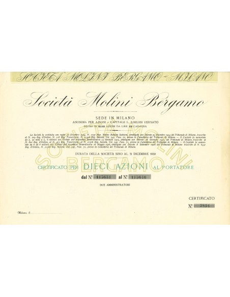 1950 - SOCIETA' MOLINI BERGAMO - 10 AZIONI