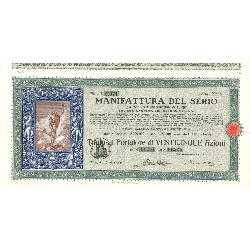 1909 - MANIFATTURA DEL SERIO - 25 SHARES