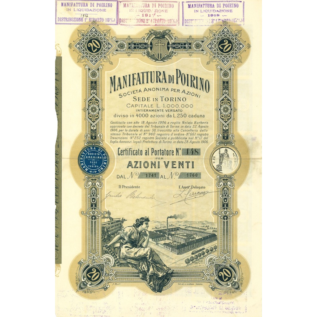 1906 - MANIFATTURA DI POIRINO - 20 AZIONI