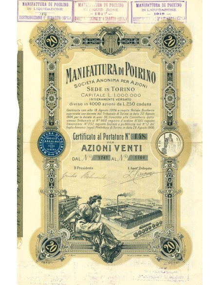 1906 - MANIFATTURA DI POIRINO - 20 AZIONI