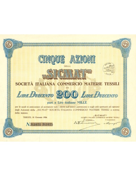 1926 - SICMAT - SOCIETA' ITALIANA COMMERCIO DI MATERIE TESSILI - 5 SHARES