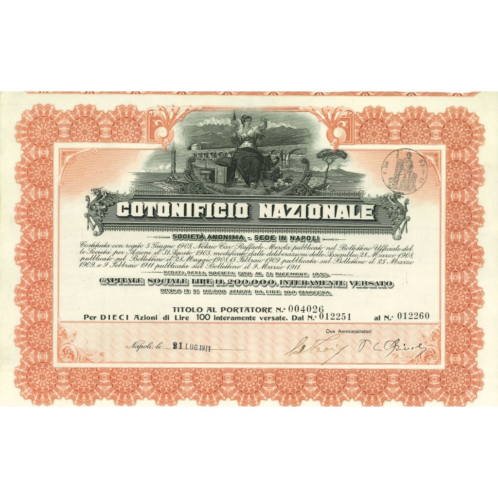 1911 - COTONIFICIO NAZIONALE - 10 AZIONI