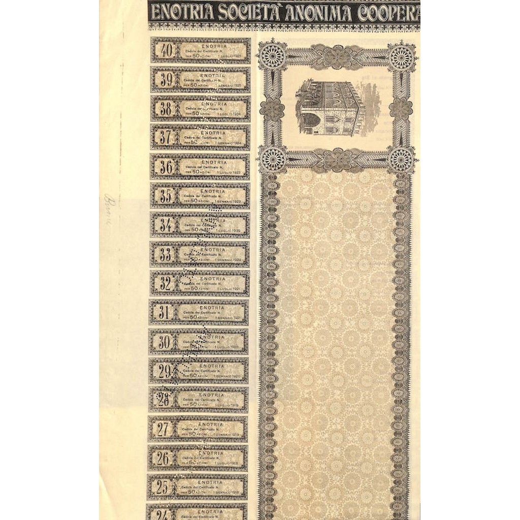 ENOTRIA SOC. ANON. COOP. EDILIZIA - 50 AZIONI GENOVA 1906