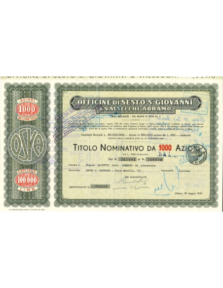 1950 - OFFICINE DI SESTO S. GIOVANNI & VALSECCHI ABRAMO - 1000 AZIONI