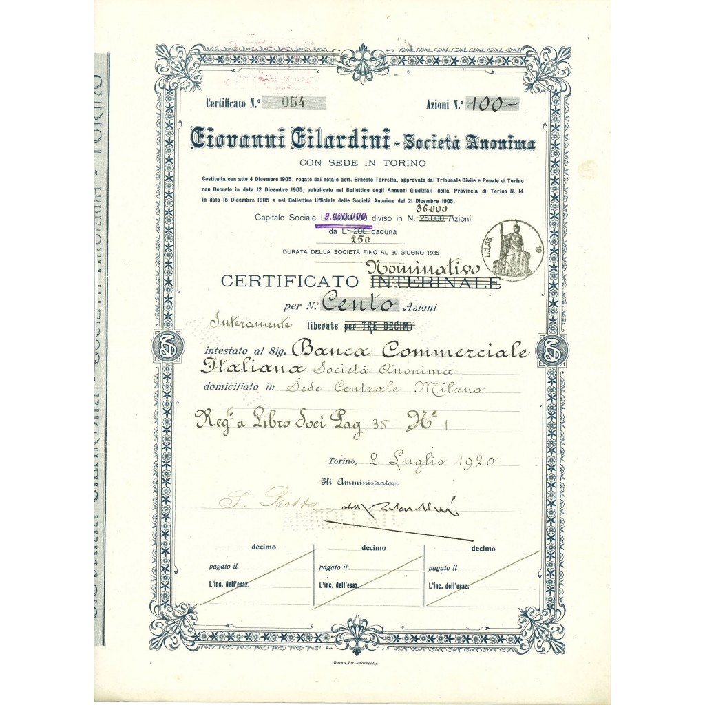 1920 - GIOVANNI GILARDINI - SOCIETA' ANONIMA -...