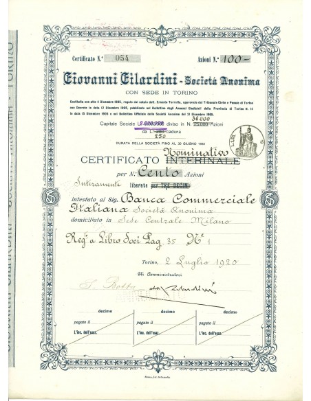 1920 - GIOVANNI GILARDINI - SOCIETA' ANONIMA - 100 AZIONI