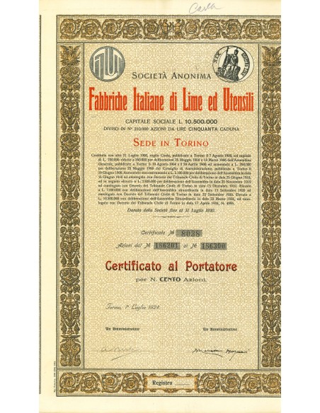 1924 - FABBRICHE ITALIANE DI LIME ED UTENSILI - 100 SHARES