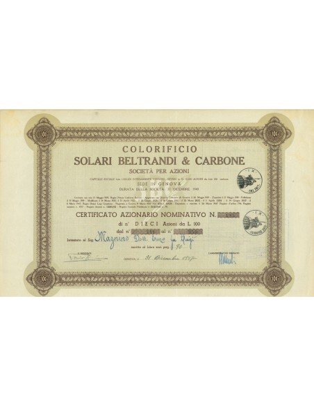 1947 - COLORIFICIO SOLARI BELTRANDI & CARBONE - 10 AZIONI