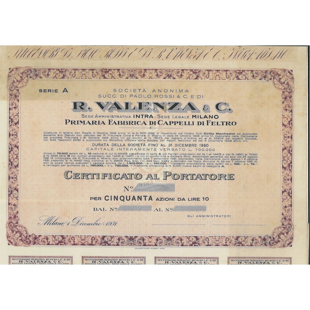 SOC. ANON. R. VALENZA E C. - 50 AZIONI MILANO 1931