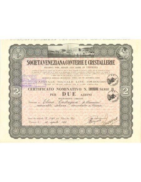 1953 - SOCIETA' VENEZIANA CONTERIE E CRISTALLERIE - 2 AZIONI