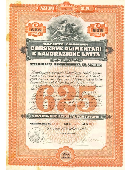 1905 - SOCIETA' ANONIMA CONSERVE ALIMENTARI E LAVORAZIONE LATTA - 25 SHARES