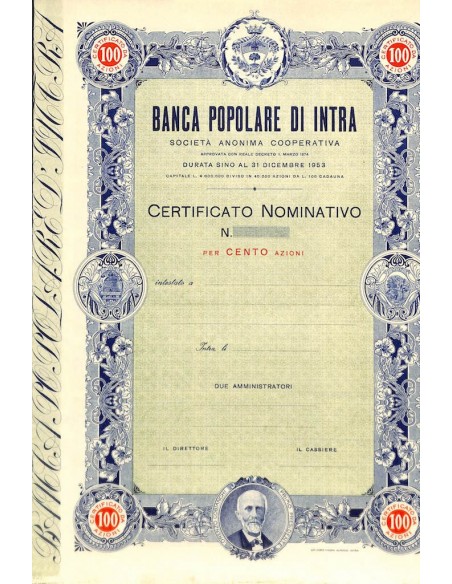 BANCA POPOLARE DI INTRA - 100 AZIONI 1874