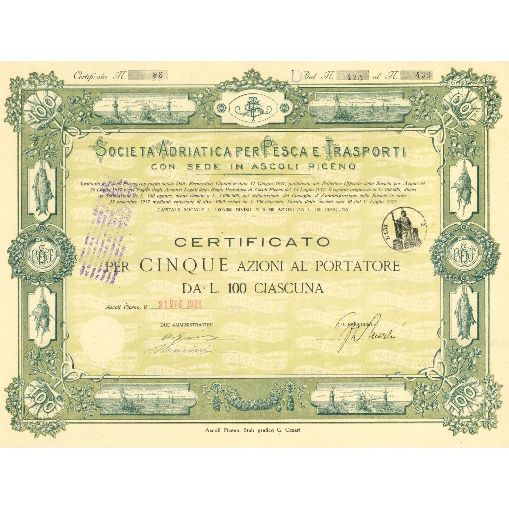 1921 - SOCIETA' ADRIATICA PER PESCA E TRASPORTI...