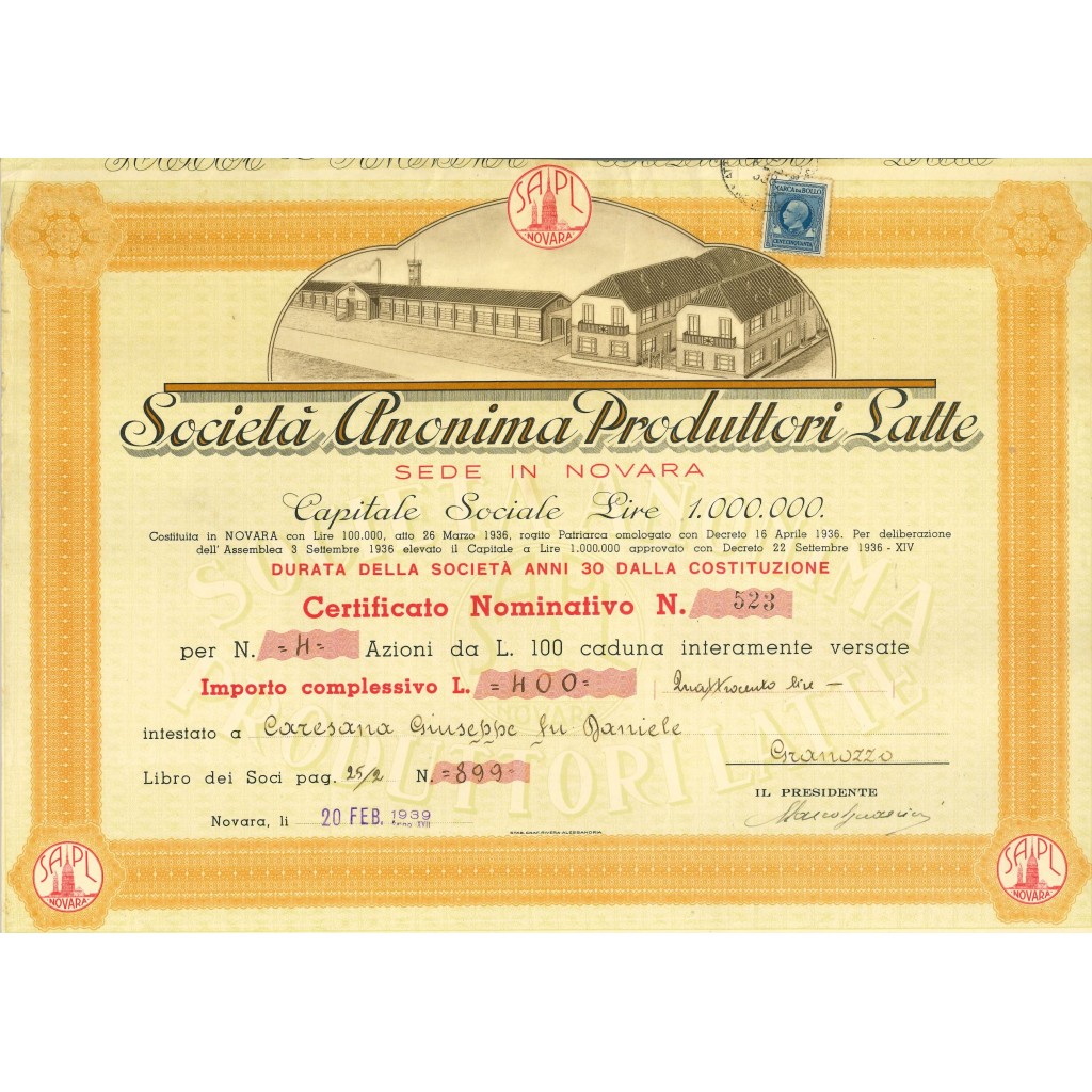 1939 - SOCIETA' ANONIMA PRODUTTORI LATTE - 4...