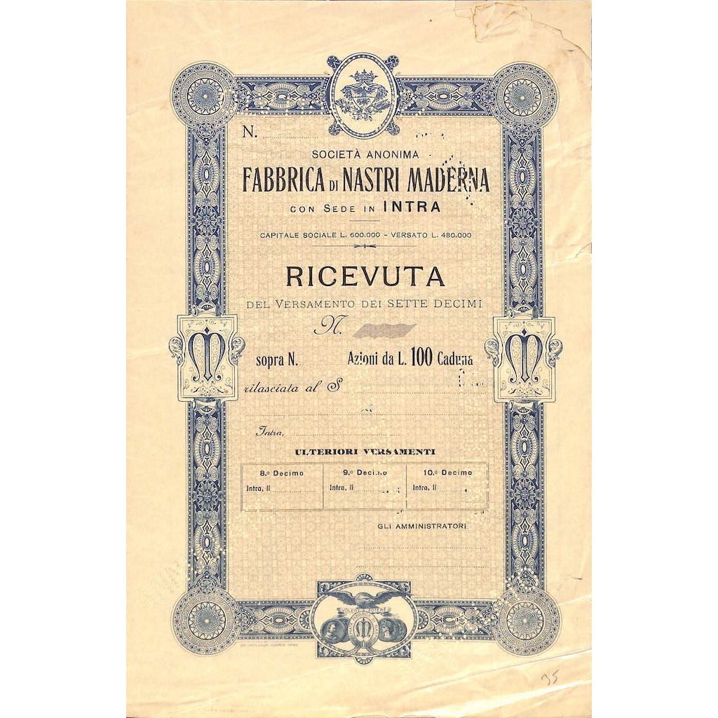 FABBRICA DI NASTRI MADERNA - RICEVUTA DI VERSAMENTO 7 DECIMI - INTRA