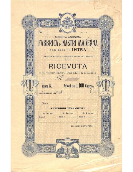 FABBRICA DI NASTRI MADERNA - RICEVUTA DI VERSAMENTO 7 DECIMI - INTRA