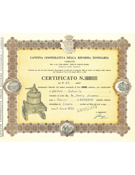 1970 - CANTINA COOPERATIVA DELLA RIFORMA FONDIARIA - 10 AZIONI