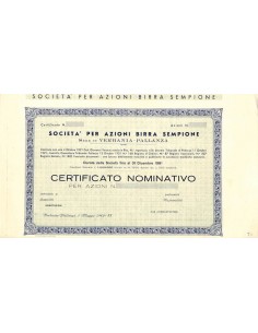 SOC. PER AZIONI BIRRA SEMPIONE - AZIONI - VERBANIA 1942