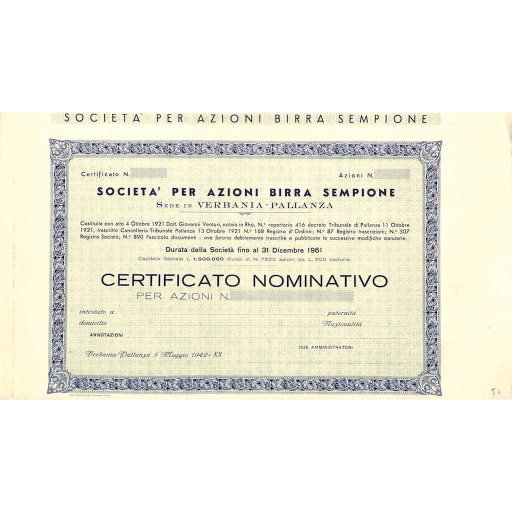 SOC. PER AZIONI BIRRA SEMPIONE - AZIONI - VERBANIA 1942