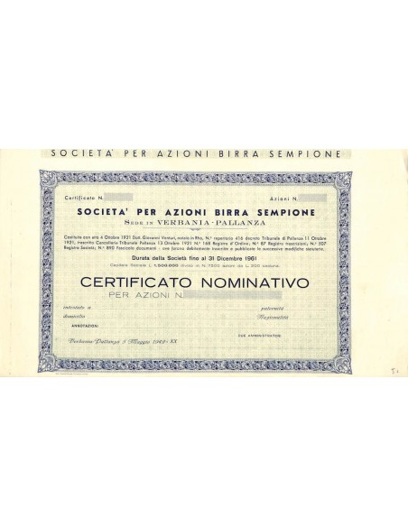 SOC. PER AZIONI BIRRA SEMPIONE - AZIONI - VERBANIA 1942