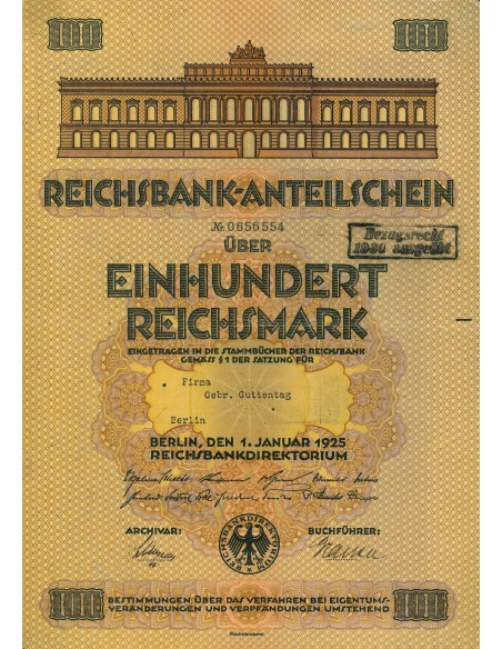 1925 - REICHSBANK-ANTEILSCHEIN - 100 RM