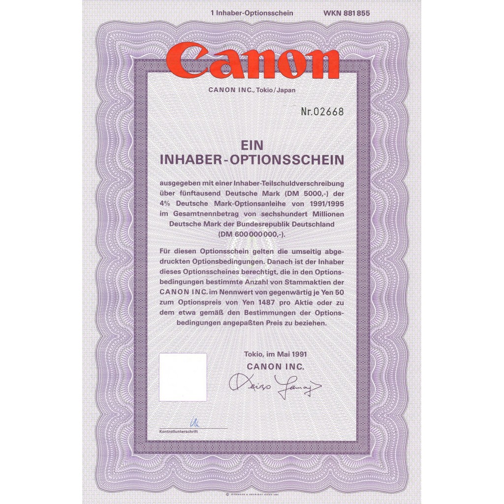 1991 - CANON - EIN INHABER-OPTIONSSCHEIN