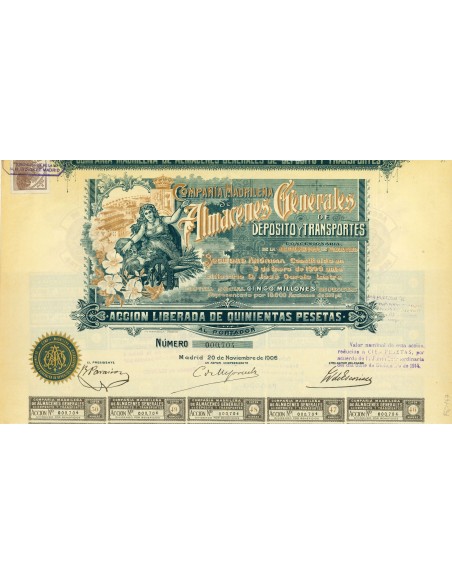 1906 - COMPANIA MADRILENA DE ALMACENES GENERALES DE DEPOSITO Y TRANSPORTES - 10.000 AZIONI