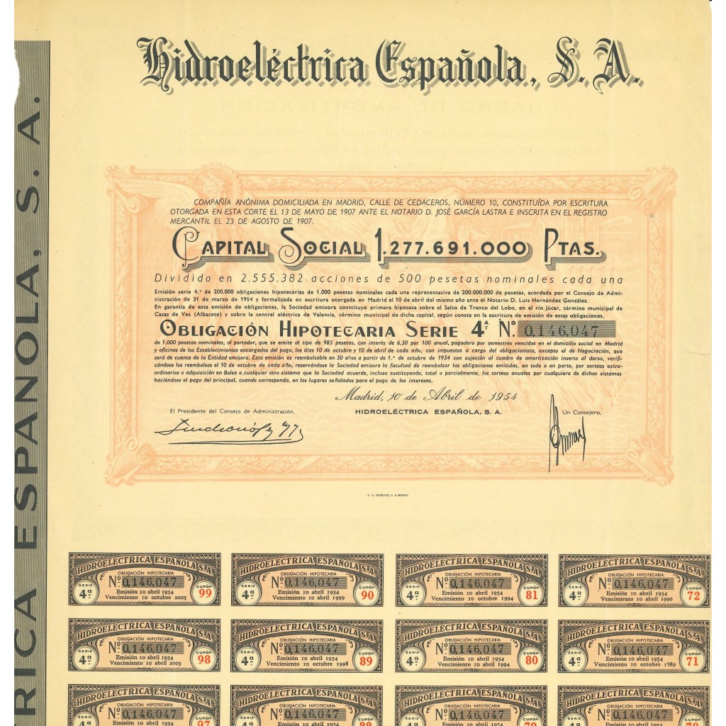 1954 - HIDROELECTRICA ESPANOLA - OBBLIGAZIONE