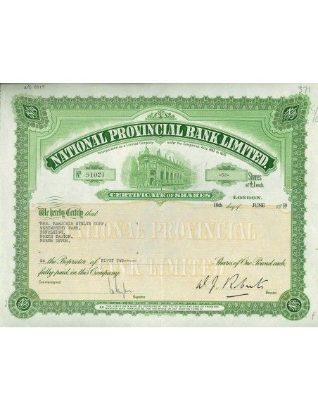 1959 - NATIONAL PROVINCIAL BANK LIMITED - 52 SHARES