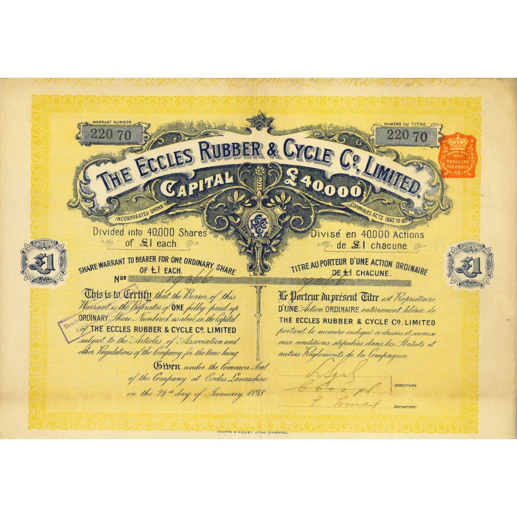 1898 - THE ECCLES RUBBER & CYCLE LTD - 1 AZIONE