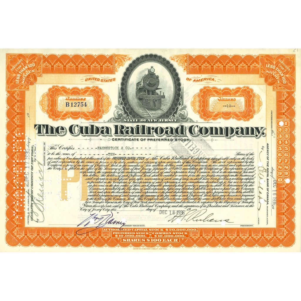 1936 - THE CUBA RAILROAD COMPANY - 10 AZIONI